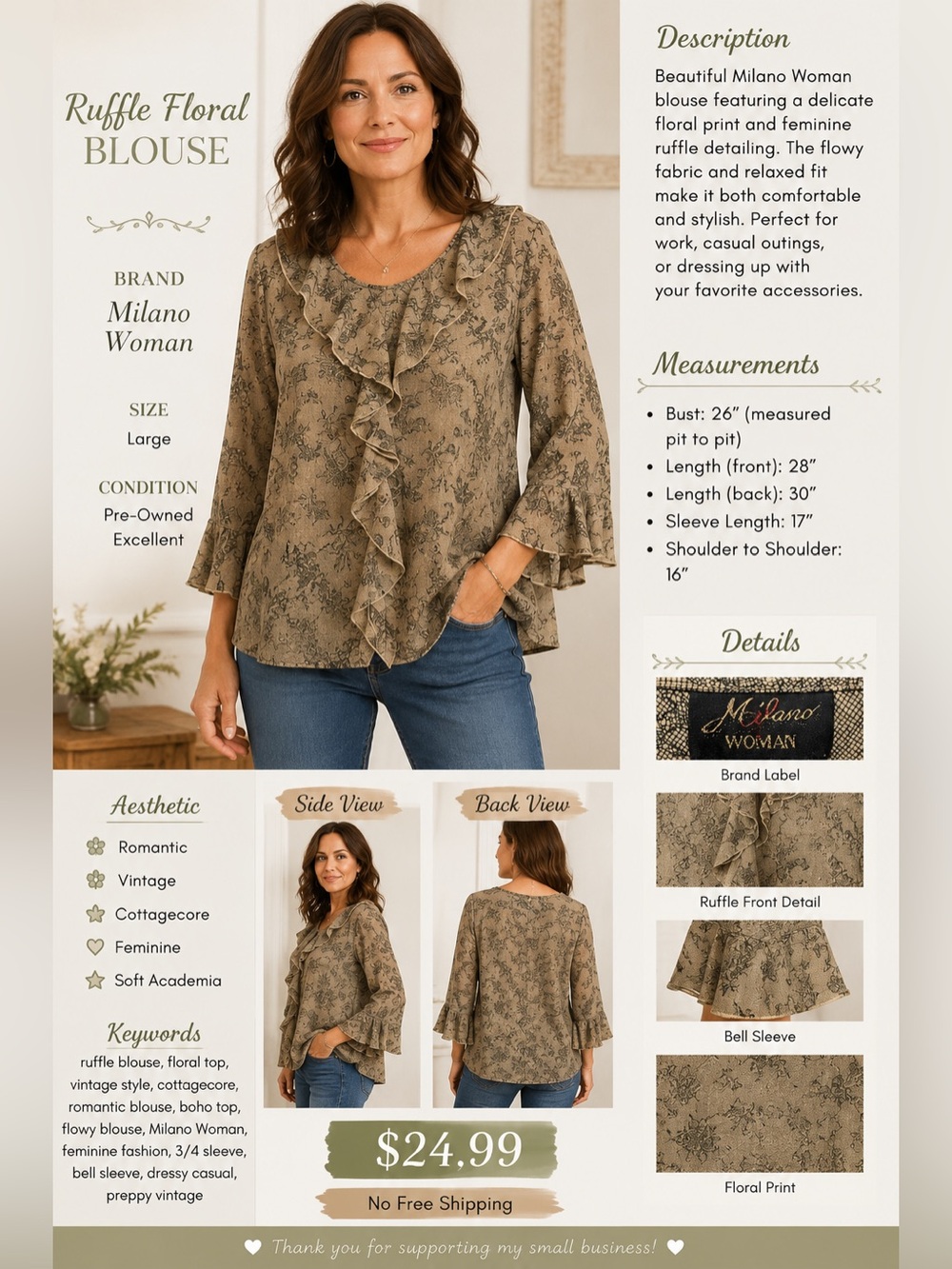 Milano Olive Green Floral Ruffle Blouse - Picture 1 of 10